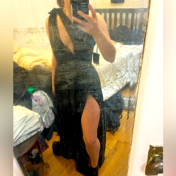 Retrofete Andrea Shiny Black One Shoulder Gown Slit, Size S (NWT), prom, maxi - Picture 1 of 7